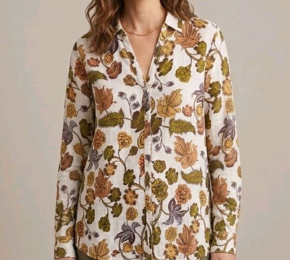 Nicole Miller New York 100% Linen Floral Bird Print Button Blouse Top Shirt - XL